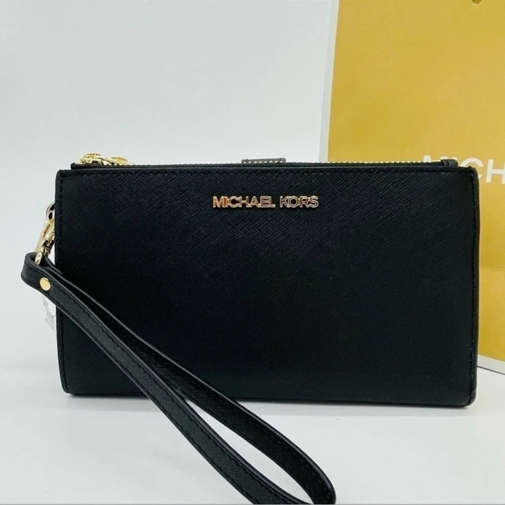 Michael Kors Large Double Zip Wallet Wristlet Black Leather - Picture 2 of 9